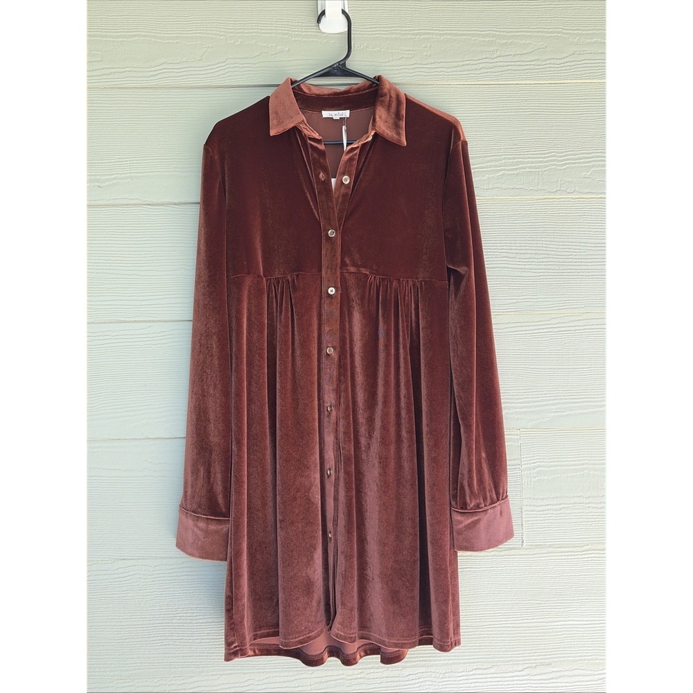 La Miel Burnt Orange Rust Velvet Velour Long Sleeved Shirtdress Medium NEW NWT